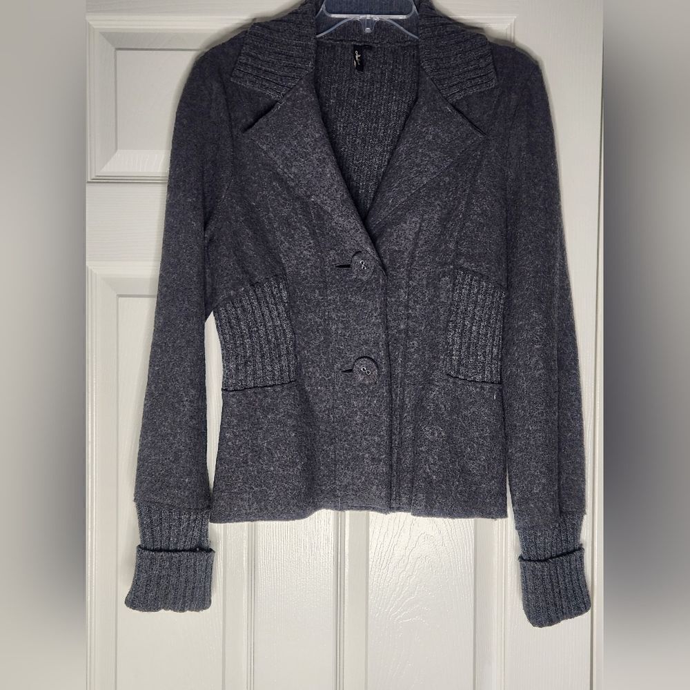 Ambition M Gray 100% WOOL Blend Knit Lngslvs Buttons Up Women’s Jacket Blazer